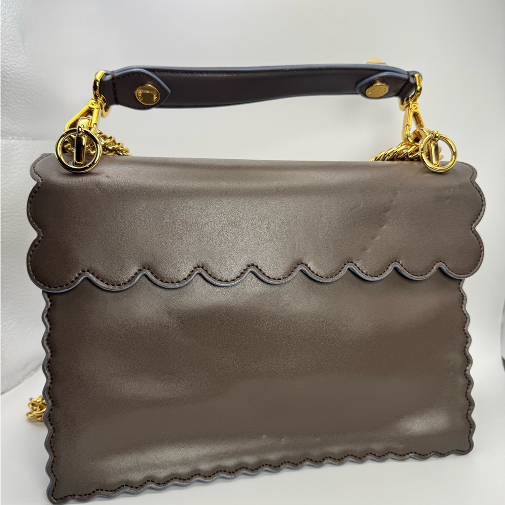 Fendi Kan | Scalloped Leather Bag Brown Gold Chain Stud Clasp Never Worn - Picture 7 of 10